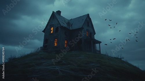 An eerie haunted house sits atop a hill, illuminated by glowing windows against a dark, cloudy sky, perfect for Halloween-themed projects and storytelling.