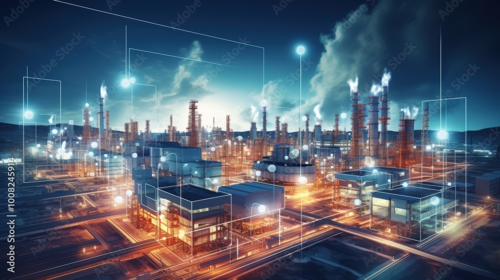 Modern factory, communication network. Telecommunication. IoT, Internet of Things, ICT, Information communication Technology,. Smart factory. Digital transformation, cloud connecting, generate by AI Modern factory, communication network. Telecommunication. IoT, Internet of Things, ICT, Information communication Technology,. Smart factory. Digital transformation, cloud connecting, generate by AI