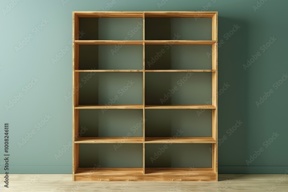 Stylish wooden shelving unit against a calming teal wall in a modern living space Stylish wooden shelving unit against a calming teal wall in a modern living space