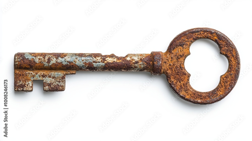 An old, rusty door key isolated against a white background. An old, rusty door key isolated against a white background.