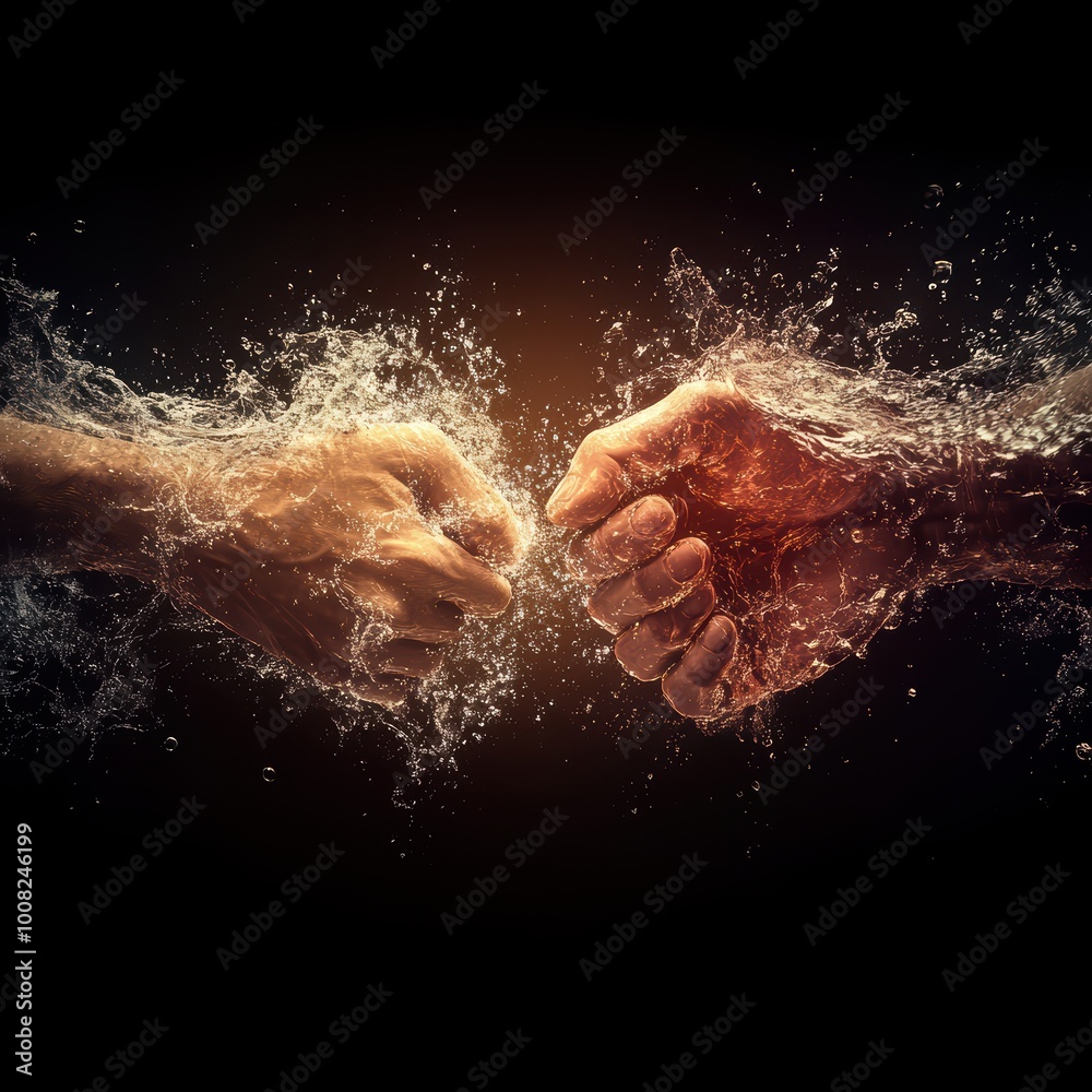 Dynamic image of two hands clashing with splashes of water, symbolizing strength, energy, and competition against a dark background. Dynamic image of two hands clashing with splashes of water, symbolizing strength, energy, and competition against a dark background.