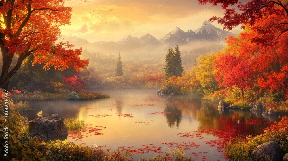 Fototapeta premium Vibrant autumn colors reflected in a tranquil pond with distant misty mountains