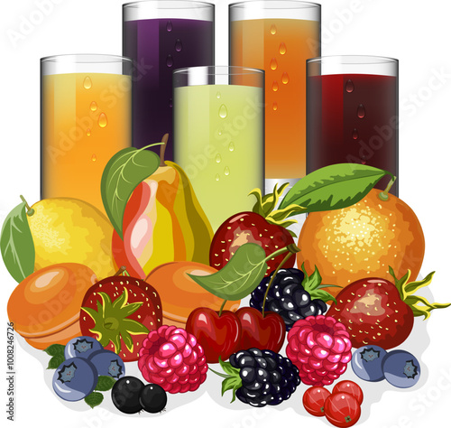Illustration with berries and juices.Vector illustration with a set of berries, fruits and juices in glasses.