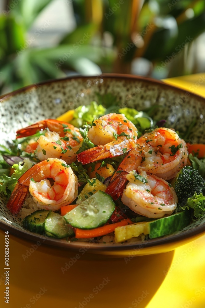 This dish features plump shrimp atop a colorful mix of fresh vegetables, including cucumbers and broccoli, arranged beautifully in a bowl under natural light This dish features plump shrimp atop a colorful mix of fresh vegetables, including cucumbers and broccoli, arranged beautifully in a bowl under natural light