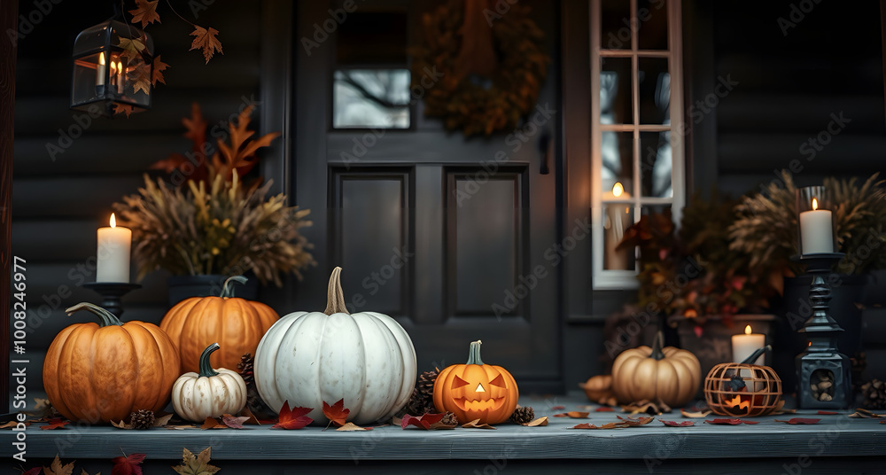 Obraz premium Background with Halloween pumpkins, lit candles and autumn leaves on the porch of a wooden cottage.