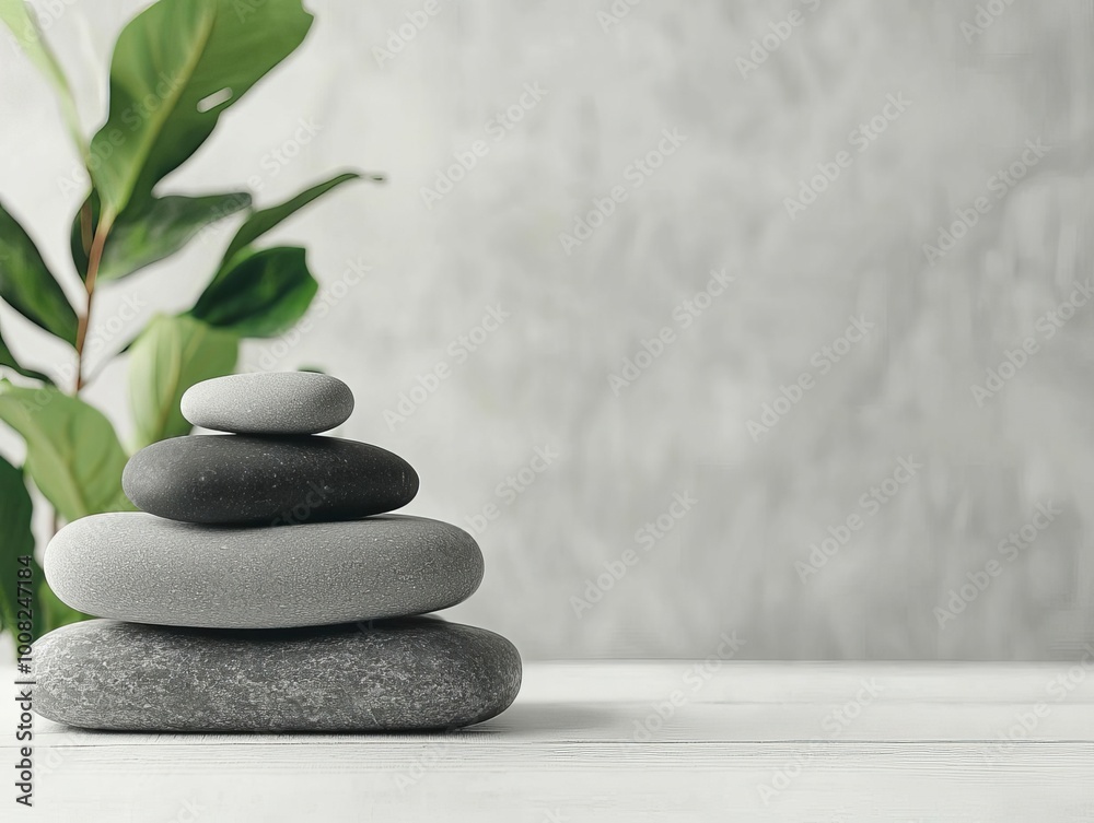 Stacked stones and a green leaf on a minimalist surface with a textured background. Stacked stones and a green leaf on a minimalist surface with a textured background.