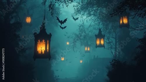 An eerie forest scene illuminated by ghostly lanterns shrouded in mist. Bats flutter in the twilight, creating a haunting atmosphere perfect for Halloween.