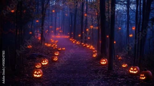 An enchanting pathway in a dark forest illuminated by glowing jack-o'-lanterns creates a spooky yet festive atmosphere perfect for Halloween.