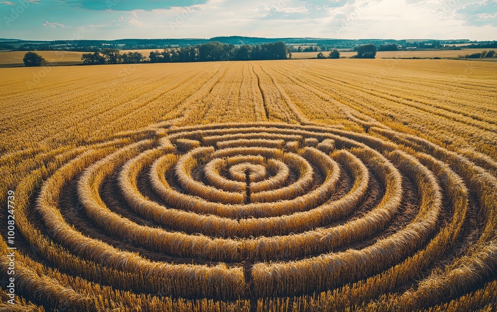 Aerial view of a circular maze in a golden wheat field, showcasing agricultural art and landscape design. Aerial view of a circular maze in a golden wheat field, showcasing agricultural art and landscape design.