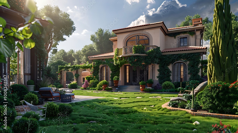 3D render of a beautiful house in the garden with landscaping 3D render of a beautiful house in the garden with landscaping