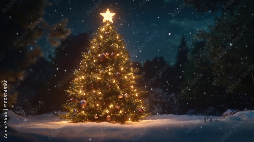 Charming Christmas tree with shiny ornaments and star topper in snowy landscape. Festive joy concept. Charming Christmas tree with shiny ornaments and star topper in snowy landscape. Festive joy concept.