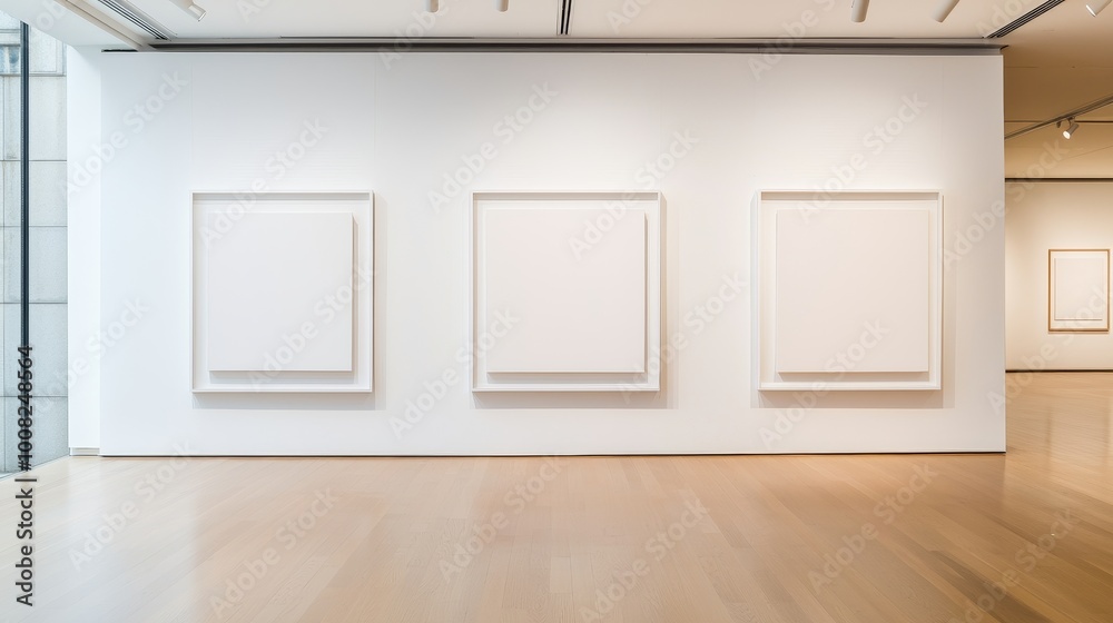Fototapeta premium Minimalist art gallery with empty frames and wooden floor, bright white walls.