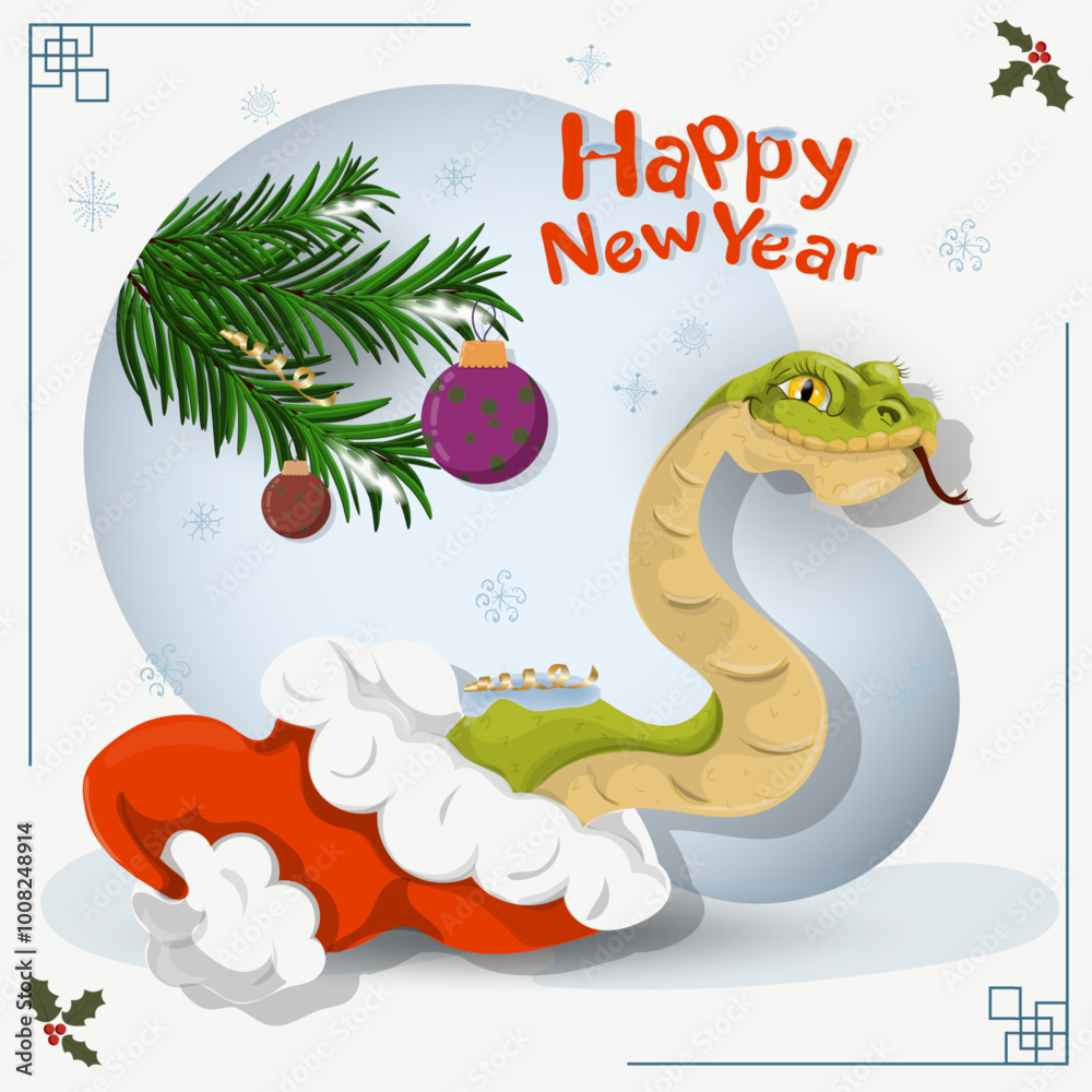 Fototapeta premium A symbol of the new year a snake crawls out of Santa Claus hat against the background of spruce branches