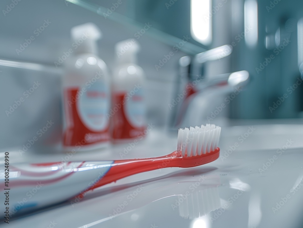 Closeup of the plastic toothbrush with toothpaste gel, placed on the bathroom sink. - ai Closeup of the plastic toothbrush with toothpaste gel, placed on the bathroom sink. - ai