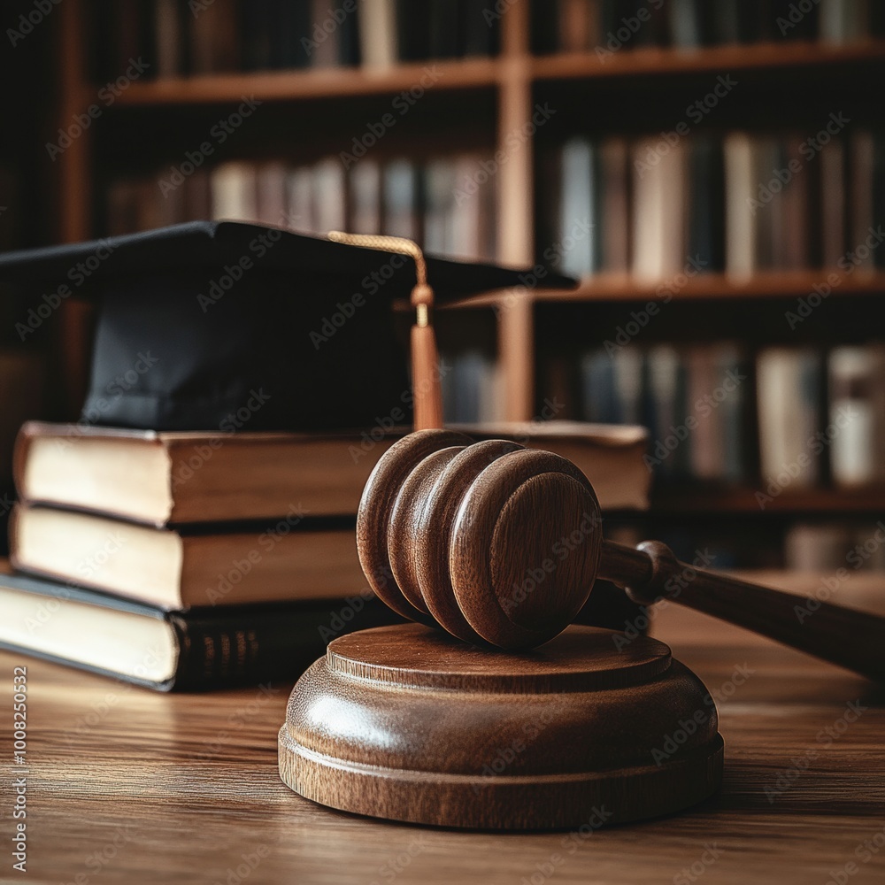 Gavel and Law Books with Graduation Cap in Library Setting Gavel and Law Books with Graduation Cap in Library Setting