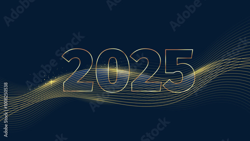 New year 2025 banner. Gold digits and glow wave on dark blue background