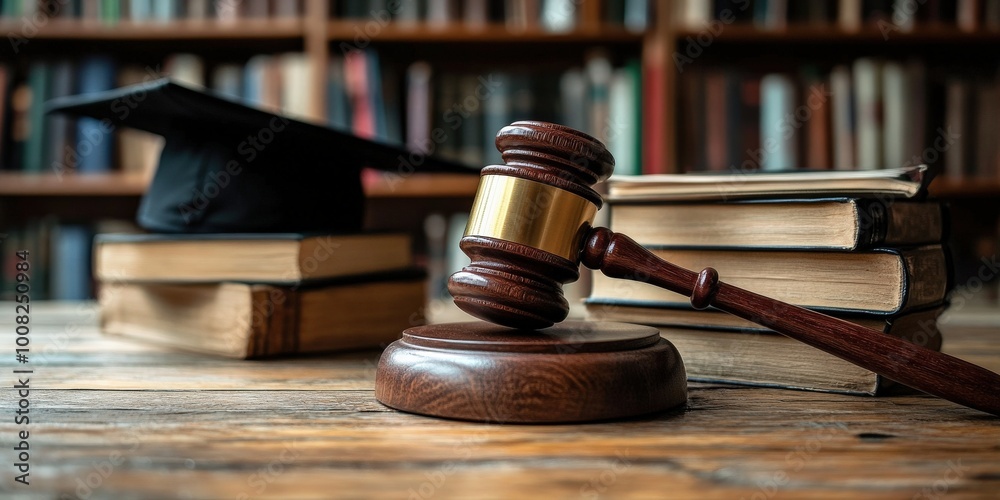 Gavel and Law Books with Graduation Cap in Library Setting