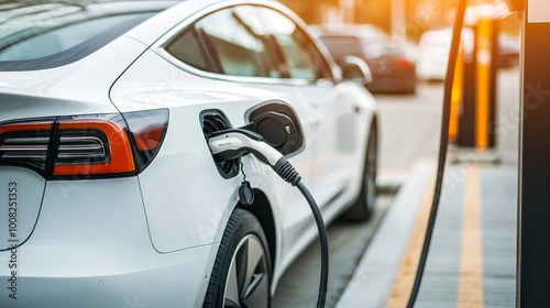 Electric car charging at a modern station during sunset.