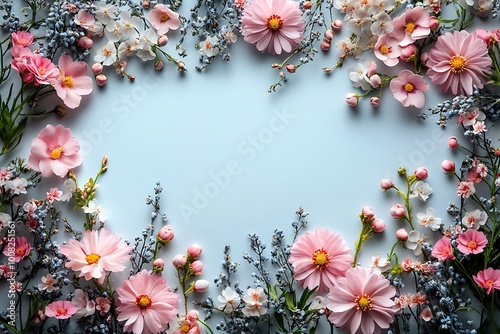 Frame with colorful flowers on clear white background. Greeting card design for holiday, Mother's day, Easter, Valentine day.