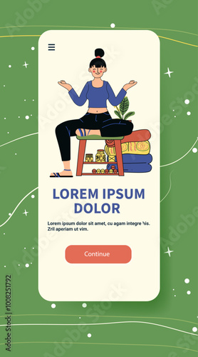 Woman meditating healthy lifestyle concept colorful illustration. A woman sits cross-legged on a stool surrounded by plants and books against a green background. Mobile app screen design