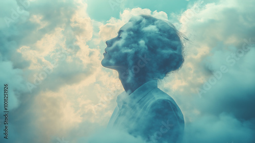 woman profile portrait and stormy cloudscape