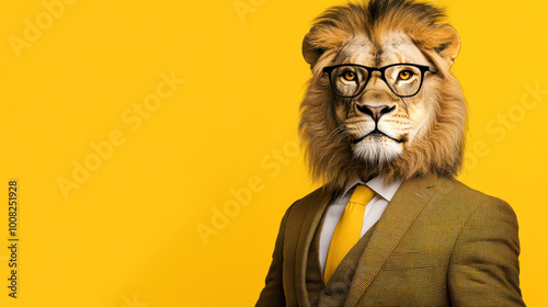 Business portrait of a lion man in a business suit on a isolated yellow background, the energy of a leader and leader, strength and confidence, the beast.