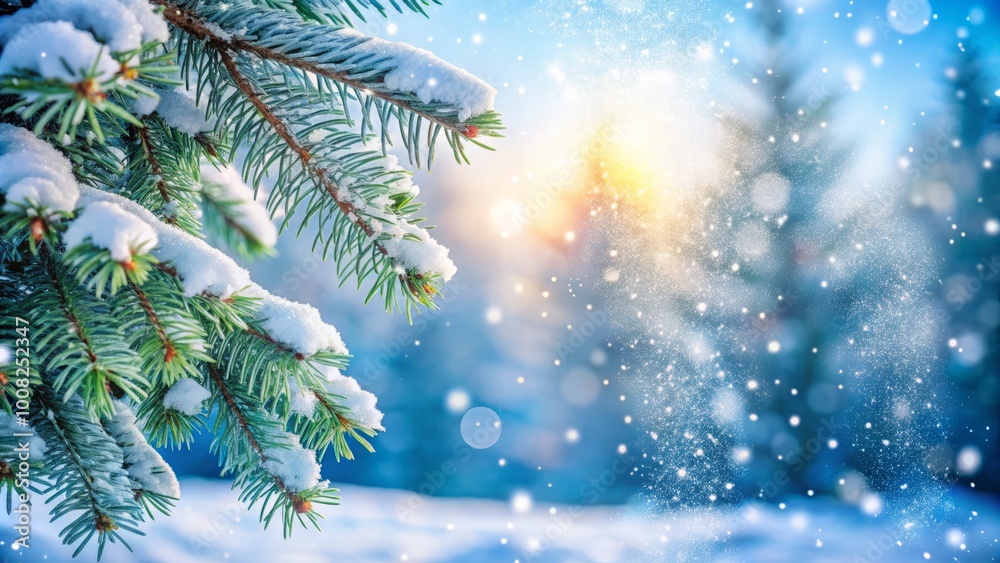 In this enchanting winter scene, snowy fir tree branches glisten, providing a beautiful backdrop for Christmas decor In this enchanting winter scene, snowy fir tree branches glisten, providing a beautiful backdrop for Christmas decor