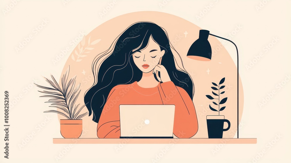 Illustration of a woman working on a laptop, surrounded by plants and a coffee cup, under a desk lamp. Cozy and productive workspace. Illustration of a woman working on a laptop, surrounded by plants and a coffee cup, under a desk lamp. Cozy and productive workspace.