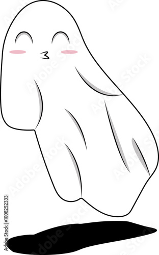 White ghost with blushing cheeks and a shadow for Halloween themed designs, spooky illustrations, eerie posters, or ghost themed merchandise.