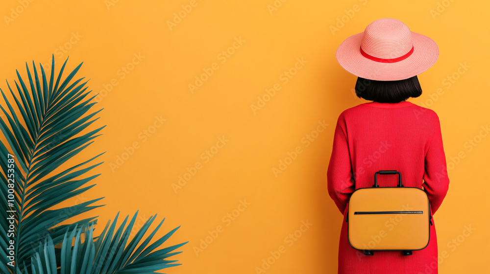 Obraz premium A woman wearing a red sweater and a yellow purse is standing in front of a yellow wall