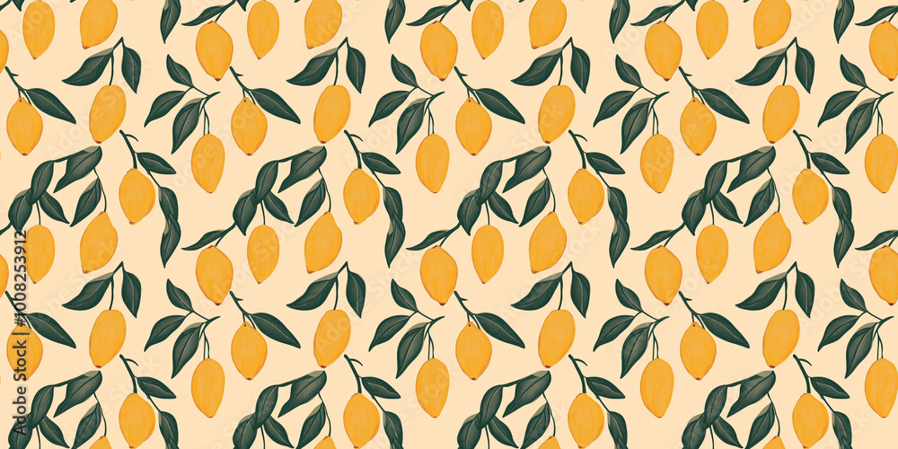 Mango pattern with tropical-themed, fruit illustrations. Background seamless pattern. Mango pattern with tropical-themed, fruit illustrations. Background seamless pattern.