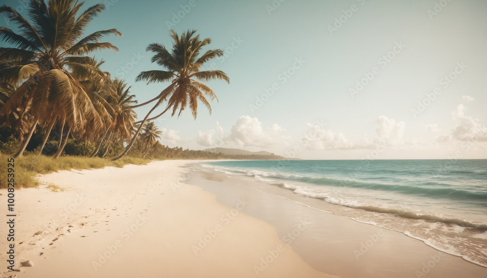 Obraz premium Tropical Sandy Ocean Beach with Palm Trees, Vintage Film Effect.