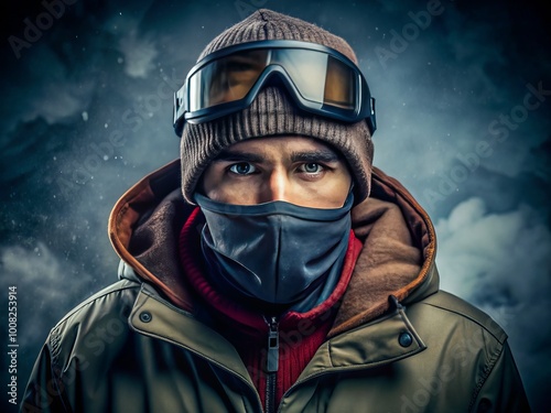 Portrait of a man wearing a cap and ski mask, showcasing urban style and winter fashion trends