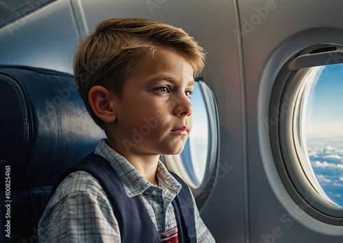 boy looking at view airplane window generative AI illustration.