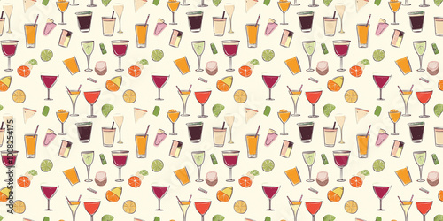 Drinks background with lively, beverage-themed illustrations. Background seamless pattern.