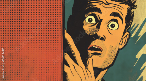 A playful, retro-style comic illustration showing a confused man playing hide-and-seek. The artwork uses a classic halftone pattern, mimicking the look of old comic books.