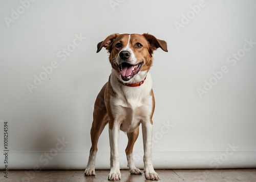  Portrait of a blond Labrador retriever dog looking at the camera with mouth.