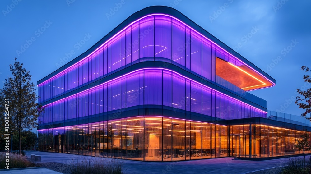 Obraz premium A modern glass office building with purple and orange lighting at dusk.