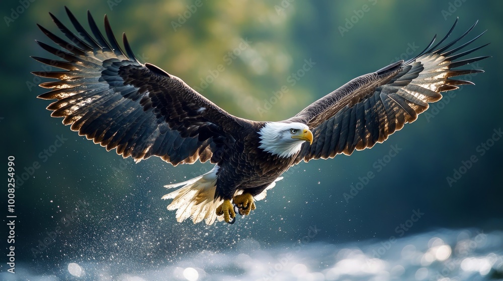 Fototapeta premium A Bald Eagle soars through the air, wings outstretched and talons extended, as it flies low over a body of water.