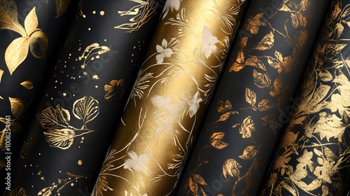 Decorative black and gold patterned wrapping paper rolls. photo