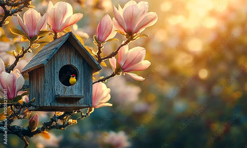 Birdhouse with Magnolia Blossoms