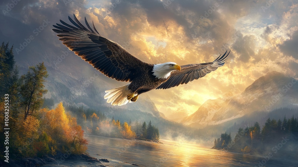 Obraz premium A bald eagle soars through the air with majestic grace over a mountain range and a lake, with clouds and sunlight in the background.