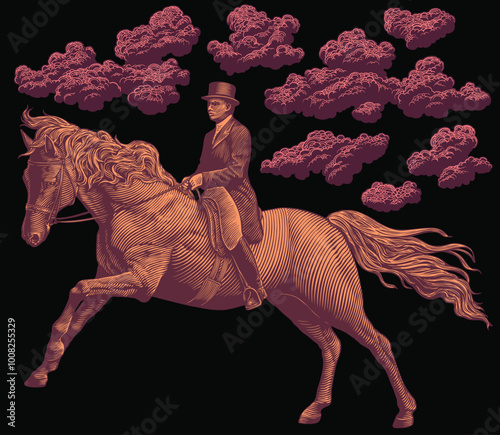 Horseman. Editable hand drawn illustration. Vector vintage engraving. Isolated black background. 8 EPS