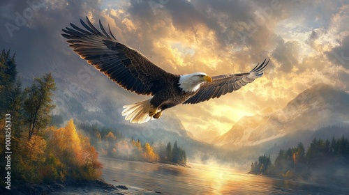 A bald eagle soars through the air with majestic grace over a mountain range and a lake, with clouds and sunlight in the background. photo