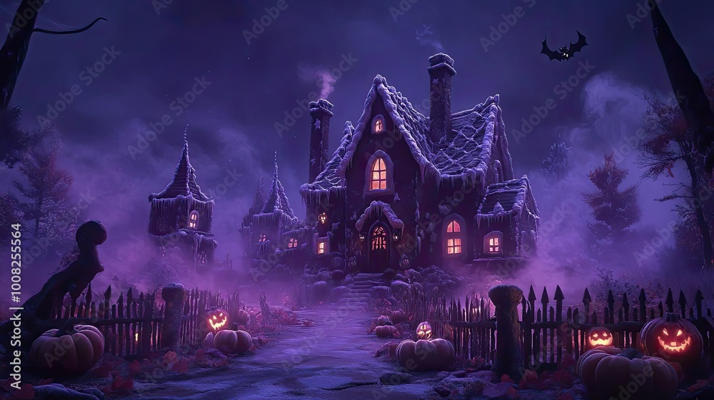 Spooky mansion surrounded by pumpkins and mist, illuminated with eerie lights, perfect for Halloween-themed imagery. Spooky mansion surrounded by pumpkins and mist, illuminated with eerie lights, perfect for Halloween-themed imagery.