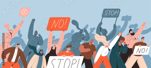 Angry crowd with banners in protest, picket. People with Stop signs, placards are at street demonstration for rights. Activists at revolution, public meeting against smth. Flat vector illustration