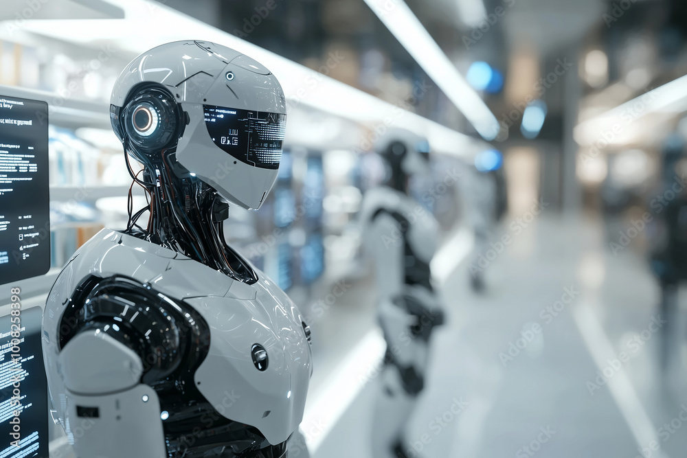 Fototapeta premium A futuristic retail store where AI-powered robots assist customers in finding products and provide personalized recommendations.