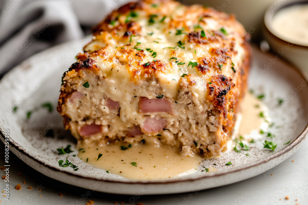 Close-up of cheesy baked casserole with ham Close-up of cheesy baked casserole with ham
