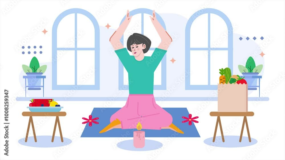 Illustration of a person meditating on a yoga mat surrounded by plants and healthy food promoting wellness and mindfulness animated video Illustration of a person meditating on a yoga mat surrounded by plants and healthy food promoting wellness and mindfulness animated video