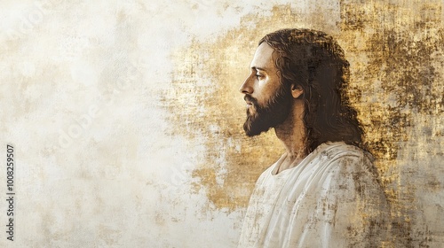 A gold and white painting of Jesus Christ